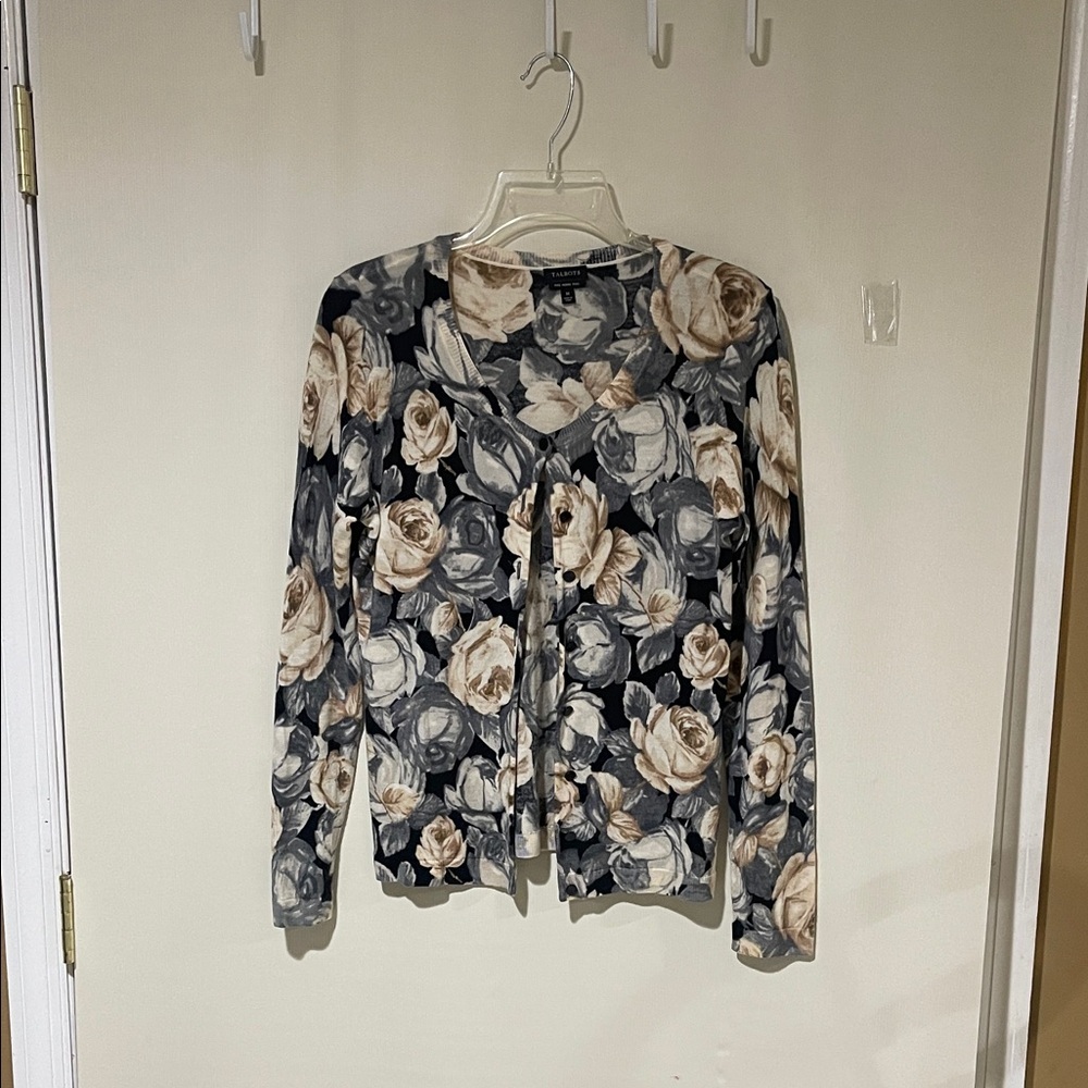 NWOT Talbots 100% Pure Merino Wool Black and Cream Floral Button Up Cardigan